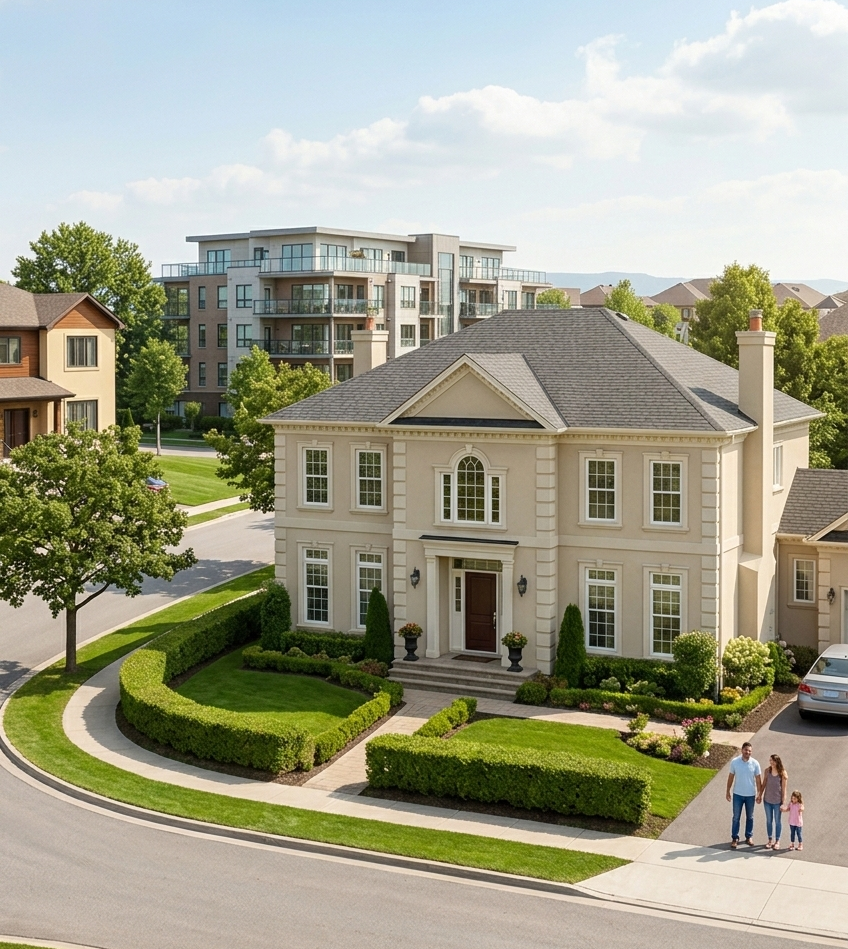 Family walking towards a large home for sale with manicured lawn and modern architecture in a suburban neighborhood.
