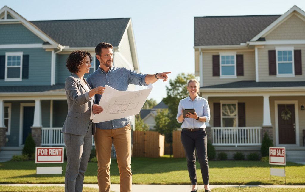 Couple reviewing plans for buying rental property with a real estate agent in front of houses.