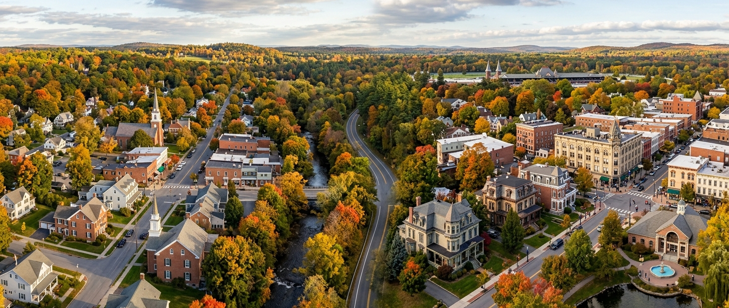 Aerial view of Ballston Spa, NY, in autumn. Homes and colorful fall foliage.