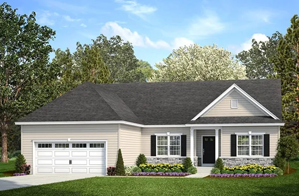 Single-story ranch-style home with a garage and manicured lawn, representing real estate.