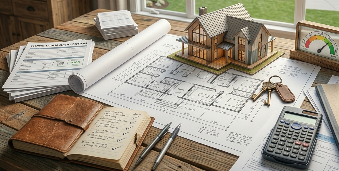 Home loan application, blueprints, house model, keys, calculator - credit score